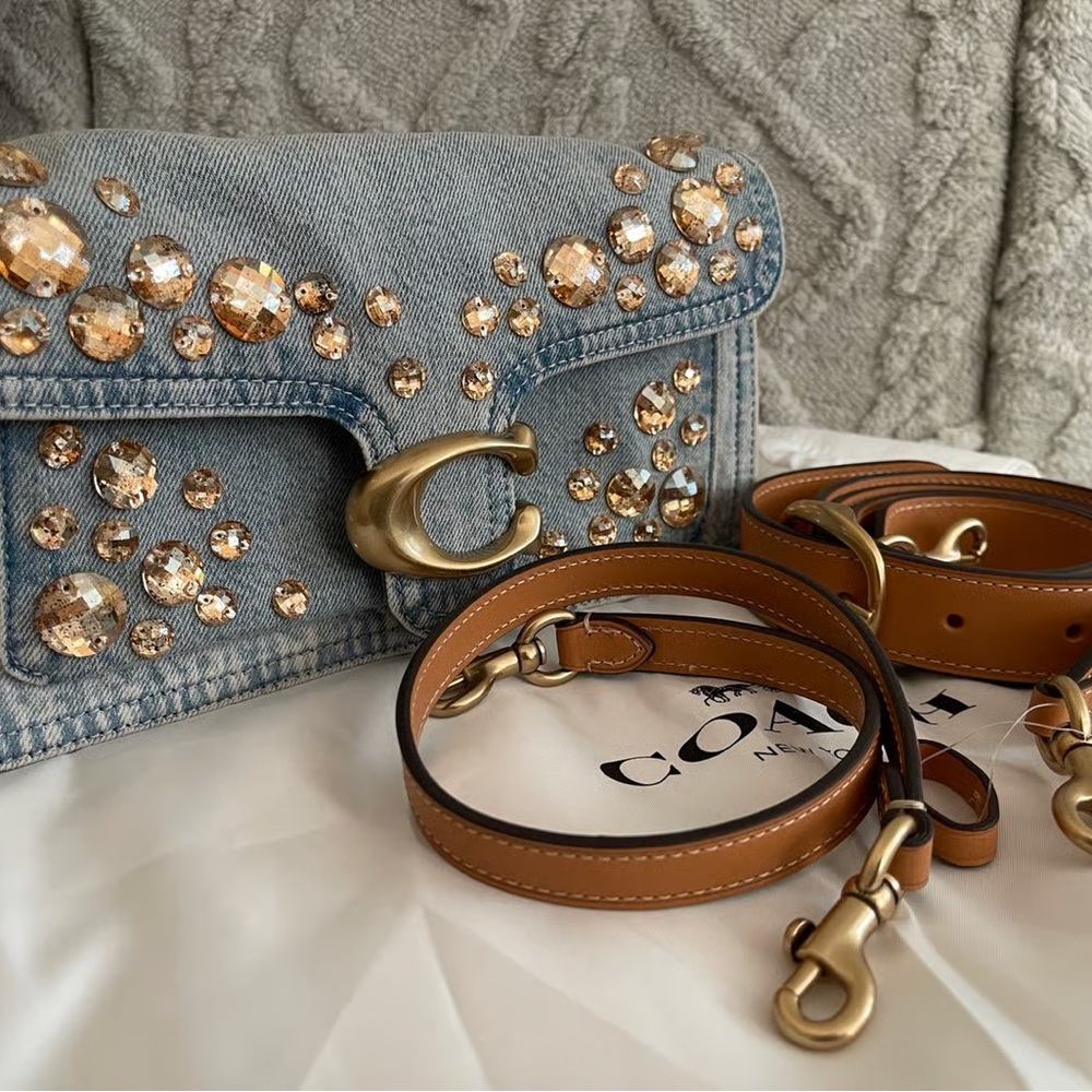 Coach Tabby 26 Denim Shoulder Bag Crystal Embellished Blue Gold Crossbody NWT - Picture 8 of 12